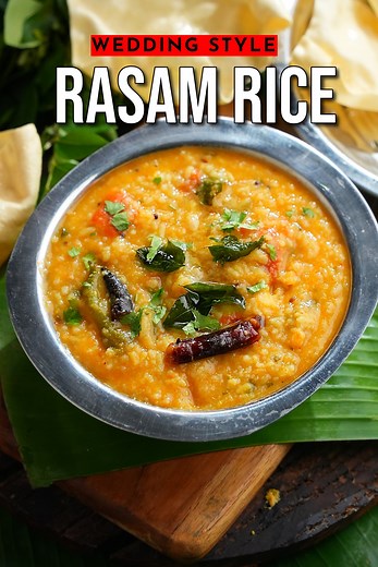 Hello Foodies!! Today's special recipe is Wedding Style Rasam Rice. This recipe is extremely delicious and can be made at home in no time by following the steps outlined in this video. Here are the ingredients to prepare Rasam rice: •1 cup Soaked Rice •1/4 cup Moongdal(pesarapappu) •1/4 cup Tovar Dal (kandi Pappu) •2 Ripe tomatoes •1/2 tsp Turmeric •Salt •2 litres Water •2.5 tbsp Rasam Powder •1 cup Tamarind extract (extracted from 80-100gms tamarind) •3 tbsp Ghee •1 tsp Mustard •1 tsp Cumin •2 