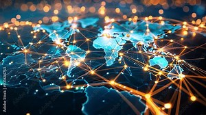 A digital marketplace with various financial services interconnected by a global network