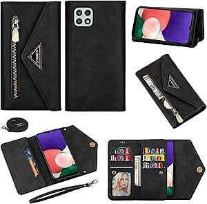 Wallet Case for Samsung Galaxy A22 5G/Boost Mobile Celero 5G Leather Flip Zipper Purse Handbag with Card Holder Shoulder Strap Wrist Strap Phone Cover for Celero5G A 22 22A A22s G5 Black