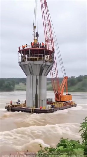 Crane Extreme; Giant Tower Column Lifted, River Rushes, Thrilling Moment!Optimized Title: