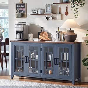 Joaxswe Large Sideboard Buffet Cabinet with Storage, 63" Farmhouse Credenza with 4 Glass Doors, Adjustable Shelves Console Table, Wood Kitchen Coffee Bar for Dining Room, Living Room, Navy Blue