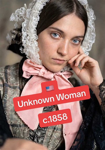 Unknown woman, photographed in a hand-tinted daguerreotype or early ambrotype, most likely dating to circa 1858–1863. The lace bonnet tied beneath the chin, wide ribbon bow, and tightly fitted bodice place this firmly in the late 1850s to very early 1860s. Her center-parted hair and the soft hand-coloring to the cheeks and ribbon were common practices during this period, added to give life to otherwise monochrome images. This photograph does appear online in antique photography circles and priva