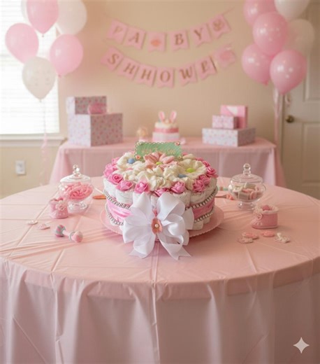 Handmade Pink Diaper Cake: Baby Shower Centerpiece, New Mom Gift