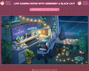 Animated Twitch Stream Screen / Twitch Cute Dark Dreamy Kitty Warm Game Room / Animated Overlay Mint Green / Black Cats - Etsy