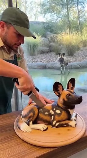 African Wild Dog Reacts to Cake Slice Surprise