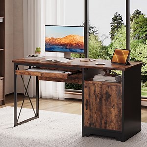 Bestier 47" Computer Desk Reversible Home Office Desk Executive PC Table with Keyboard Tray and Storage Cabinet, Rustic Brown