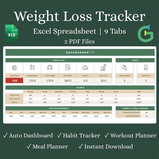 Weight Loss Tracker Excel Spreadsheet, 9-sheet Fitness Planner, Habit Workout and Meal Tracker - Etsy