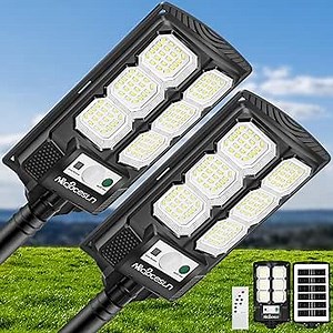 Solar Lights Outdoor 5000LM -6500K Solar Street Light, IP66 Waterproof Outdoor Flood Lights with Motion Sensor & Dusk to Dawn, led solared Street Light Easy Installation, Pack of 2