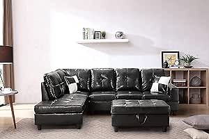 L-Shaped PU Leather Tufted Cushions Sectional Sofa Corner Couch with Left Chaise Lounge and Storage Ottoman for Living Room Furniture Set, Black