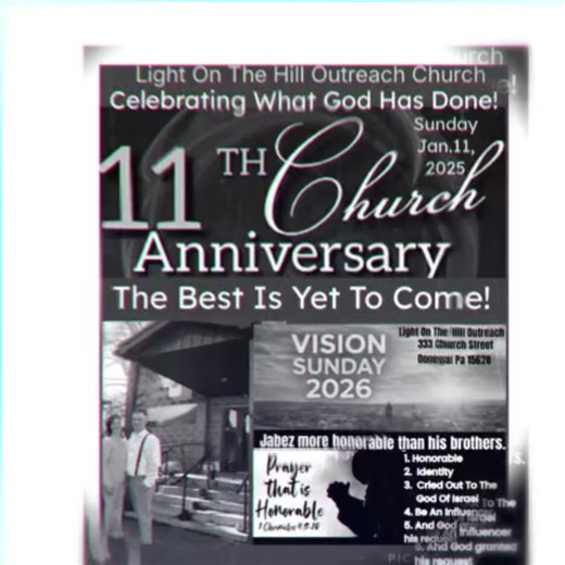 Happy 11th Anniversary to our church Light On The Hill Outreach Church 💟✝️ Celebrating all that God has done! And excited for what He is going to do!!! Pastor’s Benjamin and Amanda Wiltrout Missed Sunday’s Service? Jan 11, 2026 Watch Facebook or You Tube “Family Of Destiny.” Looking for a church ? Come join us. 333 Church Street Donegal Pa 15628 | Light On The Hill Outreach Church