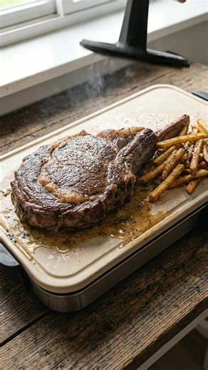 Grilled ribeye steak 🥩😋 Ingredients: - 1 large ribeye steak, about 1 1/2 to 2 inches thick - 1 1/2 tsp kosher salt - 1 tsp freshly ground black pepper - 1 tbsp olive oil - 1 tbsp unsalted butter - 1 clove garlic, crushed - 1 lb russet potatoes, cut into thin fries - 2 tbsp vegetable oil - 1/2 tsp salt for fries - 1/4 tsp black pepper for fries Directions: - 1) Remove the ribeye from the refrigerator 30 minutes before cooking to allow it to come to room temperature. - 2) Pat the steak dry, rub 