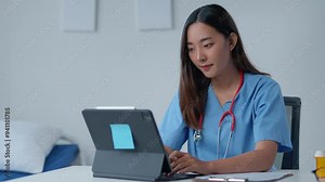 Asian female doctor wearing blue scrubs and a red stethoscope is sitting at her desk, working on a tablet and taking notes