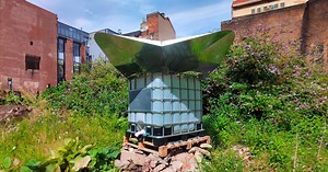 FALTAZI's steel funnel latches onto water tanks to harvest rainwater and provide shelter