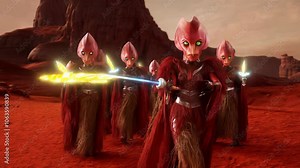 Armored alien warriors with glowing yellow swords stand on a red Mars, barren landscape. Their intricate armor and metallic shoulder guards add a futuristic and mystical element, perfect for sci-fi or
