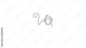 Animation of one line drawing of cute monkey for company business logo identity. Adorable primate animal mascot concept for corporate icon. Continuous line self draw animated. Full length motion.