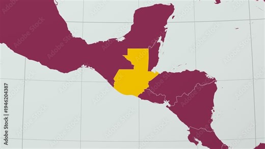 Guatemala map. Animated zoom into the country on the Globe in Pale Mint Dark Pink color palette. Country logo animation with round text and airplanes. Map with meridians, parallels. Classic video.