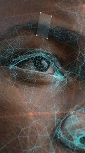 Close up face portrait of young African American man with serious look. 3D computer graphics of human futuristic AI biometric facial recognition. Neural network. Vertical shot