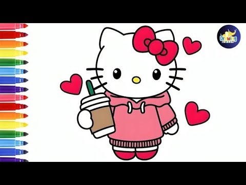 How To Draw Hello Kitty Holding A Coffee Cup 🐱☕🌈 Drawing For Kids@dibujos-felices