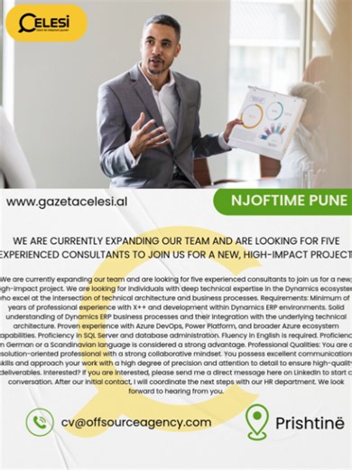 WE ARE CURRENTLY EXPANDING OUR TEAM AND ARE LOOKING FOR FIVE EXPERIENCED CONSULTANTS TO JOIN US FOR A NEW, HIGH-IMPACT PROJECT. We are currently expanding our team and are looking for five experienced consultants to join us for a new, high-impact project. We are looking for individuals with deep technical expertise in the Dynamics ecosystem who excel at the intersection of technical architecture and business processes. Requirements: Minimum of 5 years of professional experience with X and develo