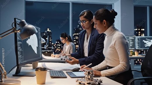 Women work together in an office late at night on a project using a computer screen and documents on the table