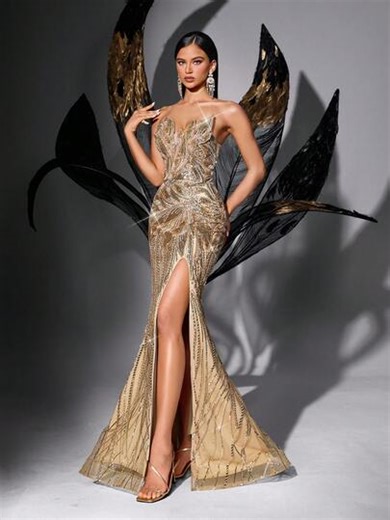 Chic Gorgeous Sequins Upscale Evening Gown Beads Party Formal Dress For Prom, Birthday Party, Cocktail, High Society Dinners, Galas, Red Carpet Solid Color Backless Sleeveless High Slit Maxi Dresses Wedding Spring | SHEIN