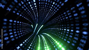 Graphic animation seamless loop, concept of digital age, encrypted data, cashless wire transfer in light speed, bitcoins, e-wallet, algorithm binary, hud interface, data code, decryption.