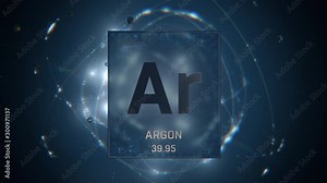 Argon as Element 18 of the Periodic Table. Seamlessly looping 3D animation on blue illuminated atom design background with orbiting electrons. Design shows name, atomic weight and element number Stock Video