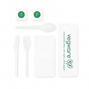 Vegware Plant-based Compostable Cutlery Kit - 6.5in Knife, Fork, Spoon, Napkin, Salt & Pepper in a Bio Film (Case of 250)