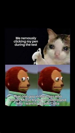 Johnny Bravo Explains Memes on Instagram: "Hey everyone, Johnny here to explain. This meme humorously plays on the idea of someone nervously clicking a pen during a test, which is a common anxious habit. The top part of the meme shows a cat with a pen, with the caption "Me nervously clicking my pen during the test." This evokes the nervousness that many students feel when under pressure. The second part features a well-known image of a monkey character (likely from the children’s show *Teletubbi