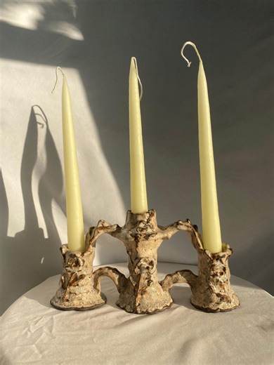 Ceramic Altar Candelabra | 3 Taper Candle Holder | Handmade Gothic Candleholder | Textured Organic Sculpture Decor - Etsy