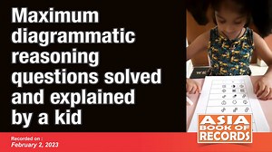 Maximum diagrammatic reasoning questions solved and explained by a kid Aadya Bhat of #Karnataka, #India, set a record for #solving and explaining the maximum number of diagrammatic #reasoningquestions. She solved and explained 129 diagrammatic #reasoning #questions in 1 hour, 16 minutes and 45 seconds at the age of 5 years, 8 months and 12 days. | Asia Book of Records