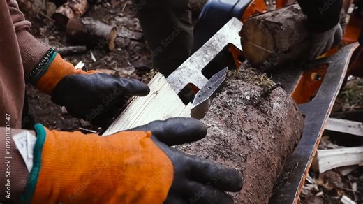 Close-up of gloved hands placing logs into a wood splitter as a metal wedge splits wood into firewood pieces outdoors.