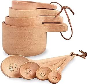 Functional Wooden Measuring Cups and Spoons Set of 8 – Aesthetic, Lightweight, and Durable, Includes 4 Wood Measuring Spoons and 4 Wood Measuring Cups for Baking, Kitchen Tools