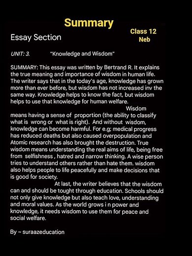 ||Knowledge and Wisdom||Summary in English||class 12, eassy, section unit 3 #suraazeducation #neb