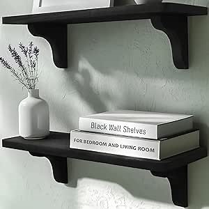 Real Wood Black Wall Shelves - 17 inch (2 Pack) - Easy to Install, Template and Video Included - Black Wall Shelving, Shelves for Bedroom, Shelves for Wall Decor