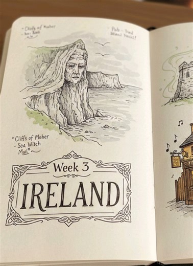 ​I am moving into week 3 of my Ireland challenge 🇮🇪 and the notebook is filling up fast. This week was all about the wilder side of the country. I spent time sketching the Cliffs of Moher and the round towers at Glendalough. One of the coolest things I found was the night kayaking in the saltwater loughs where the water actually glows while you paddle. I hope I will have opportunity to see it for myself one day✨️ ​#12CountriesChallenge #LearningJourney #StudyWithMe #Ireland