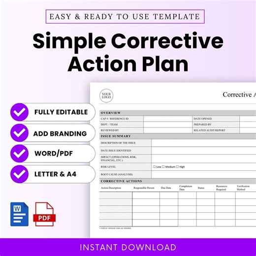 Simple Corrective Action Plan Template – Word & PDF, A4   US Letter - Etsy