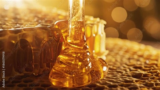 Golden honey dripping slowly from a dipper onto a honeycomb in warm, soft light.