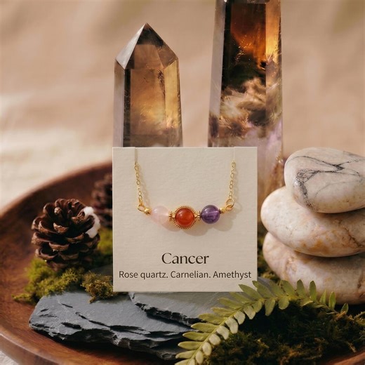 Cancer Crystal Necklace, Handmade Zodiac Choker, Rose Quartz, Carnelian, Amethyst, Healing Protection Necklace, Astrology Gift for Mum - Etsy