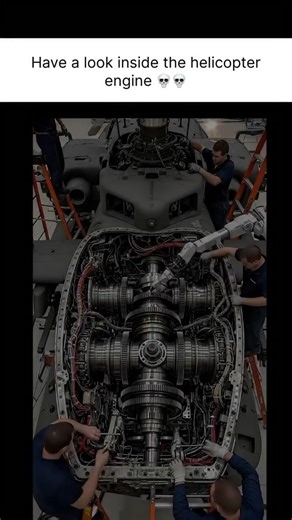 @tingtong8086 on Instagram: "Have a look inside a helicopter engine - this is where calm flight is born from controlled chaos. What you're seeing isn't just metal and fire... it's a perfectly balanced system turning explosions into smooth, precise lift. Air rushes in through the intake, gets brutally compressed, mixed with fuel, and ignites in the combustion chamber. That energy spins the turbine - but here's the crazy part: unlike jet engines that push planes forward, a helicopter's turboshaft 