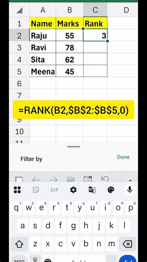 RANK Formula in Excel using mobile | Telugu Excel Tips