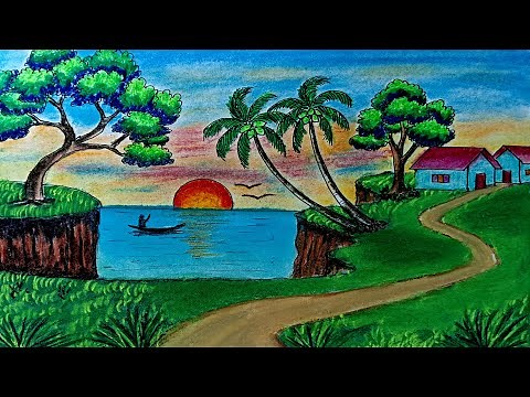scenery drawing easy and beautiful crayons tutorial
