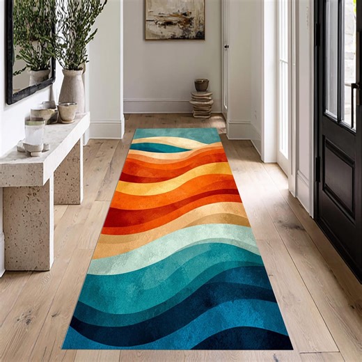 Abstract Waves Runner Rug: Orange Teal Retro Pattern, Mid Century Modern Artistic Decor - Etsy