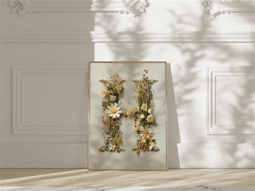 Floral Letter H Print - Botanical Monogram Poster, Wildflower Typography, Minimal Boho Wall Art, Initial Gift, Nursery & Bedroom Decor - Etsy