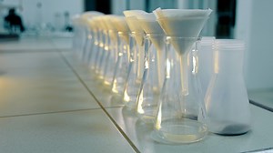 Filtration And Purification Of Water In Laboratory Conditions. Filtration Of Rough Cleaning. Drops Of Purified Water Fall Into The Test Tube