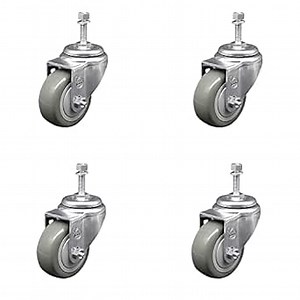 Polyurethane Swivel Threaded Stem Caster Set of 4 w/3" x 1.25" Gray Wheels and 10mm Stems - Includes 4 Swivel - 1200 lbs Total Capacity - Service Caster Brand