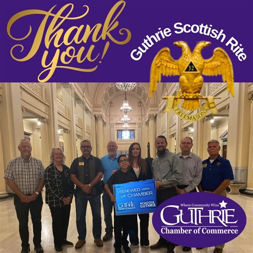 A Heartfelt Thanks to the Guthrie Scottish Rite for Renewing with the Chamber! We are incredibly grateful to extend a huge thank you to the Guthrie Scottish Rite for renewing their investment with the Guthrie Chamber of Commerce! Their continued partnership is a testament to their deep commitment to our community. The Guthrie Scottish Rite is truly a landmark institution, not just in Guthrie, but for the entire state and beyond. Beyond their stunning and historic building, they are actively invo
