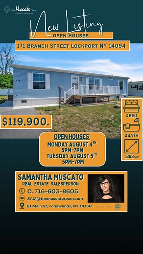 🏡Charming New Listing 171 Branch Street, Lockport, NY 14094👇 https://nys.mlsmatrix.com/matrix/shared/hxc4BYqjT9/171BranchStreet Open Houses 📅 Monday, August 4th: 5 PM - 7 PM 🌆🏡 📅 Tuesday, August 5th: 11 AM - 1 PM 🏡✨ Don't miss the chance to see this beautiful home in person! Home Features 🏠 Size: Nearly 1,400 sqft of living space 🛏️ 4 Bedrooms: 4 spacious bedrooms 🛁 2 Full Bathrooms: 2 full, luxurious bathrooms 🍽️ Dining: Formal dining room perfect for gatherings 📏 Floor Plan: Beauti