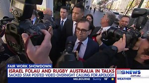 Talks between Rugby Australia and Israel Folau are now underway but the prospect of a settlement between the two seems unlikely. Follow live: http://9Soci.al/T75J30p1qFr #9News | http://9News.com.au | 9 News