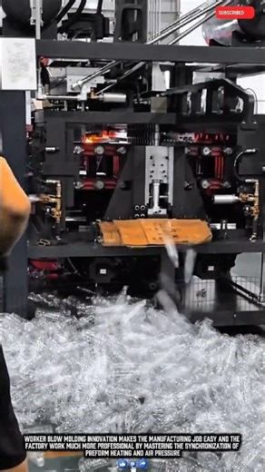 Worker operating a blow molding machine to produce identical plastic bottles at mass scale